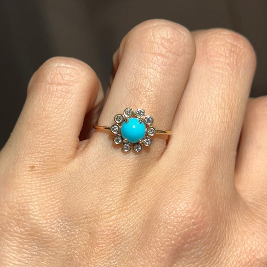 18KT Yellow Gold Round Turquoise + Bezel Diamond Halo Ring