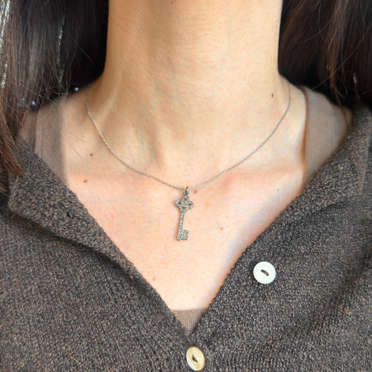 Sterling Silver Pave Diamond Key Pendant Charm