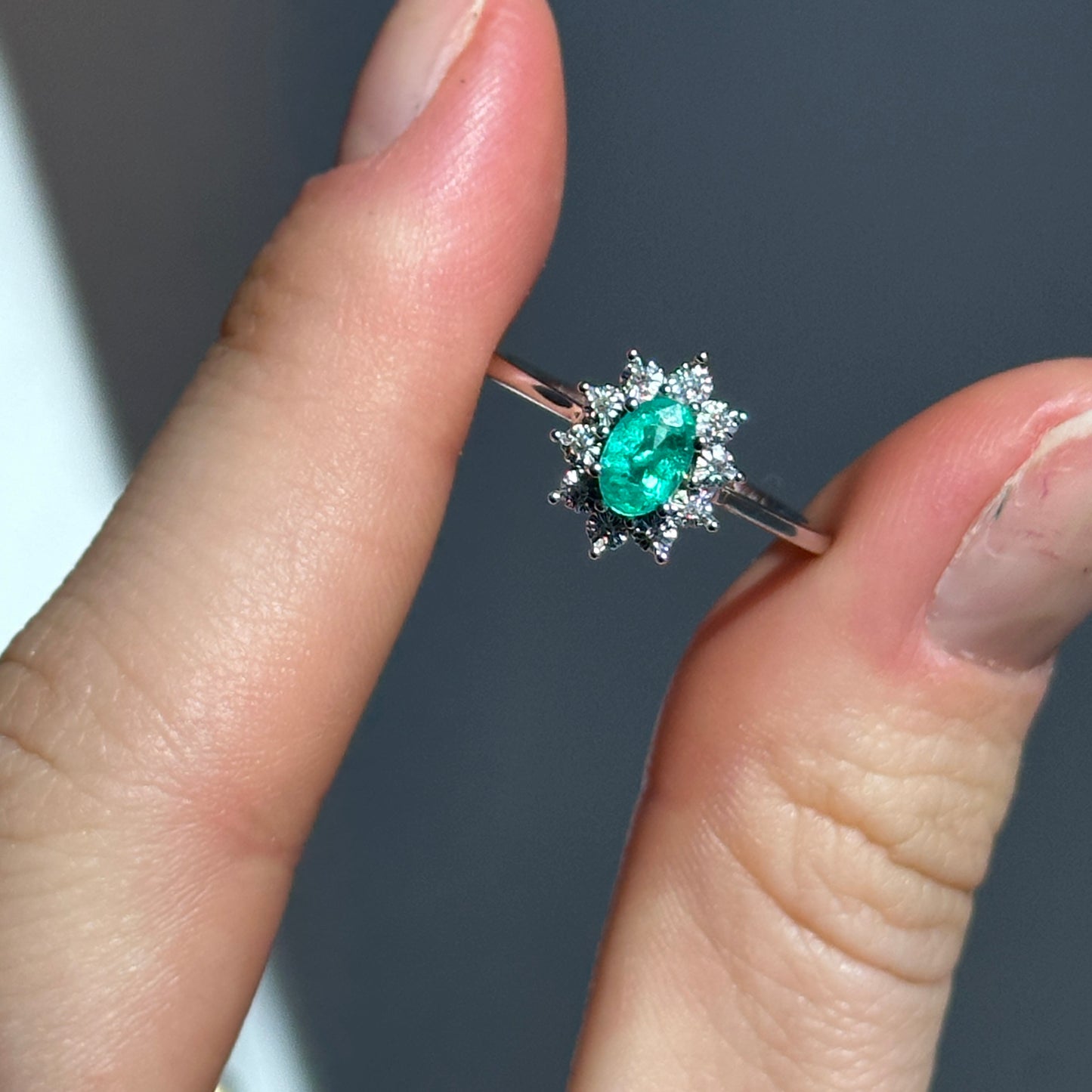 Estate 14KT White Gold Oval Emerald + Diamond Halo Ring