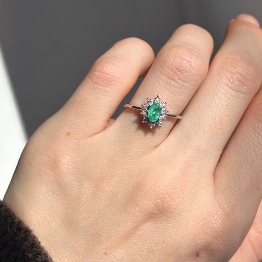 Estate 14KT White Gold Oval Emerald + Diamond Halo Ring