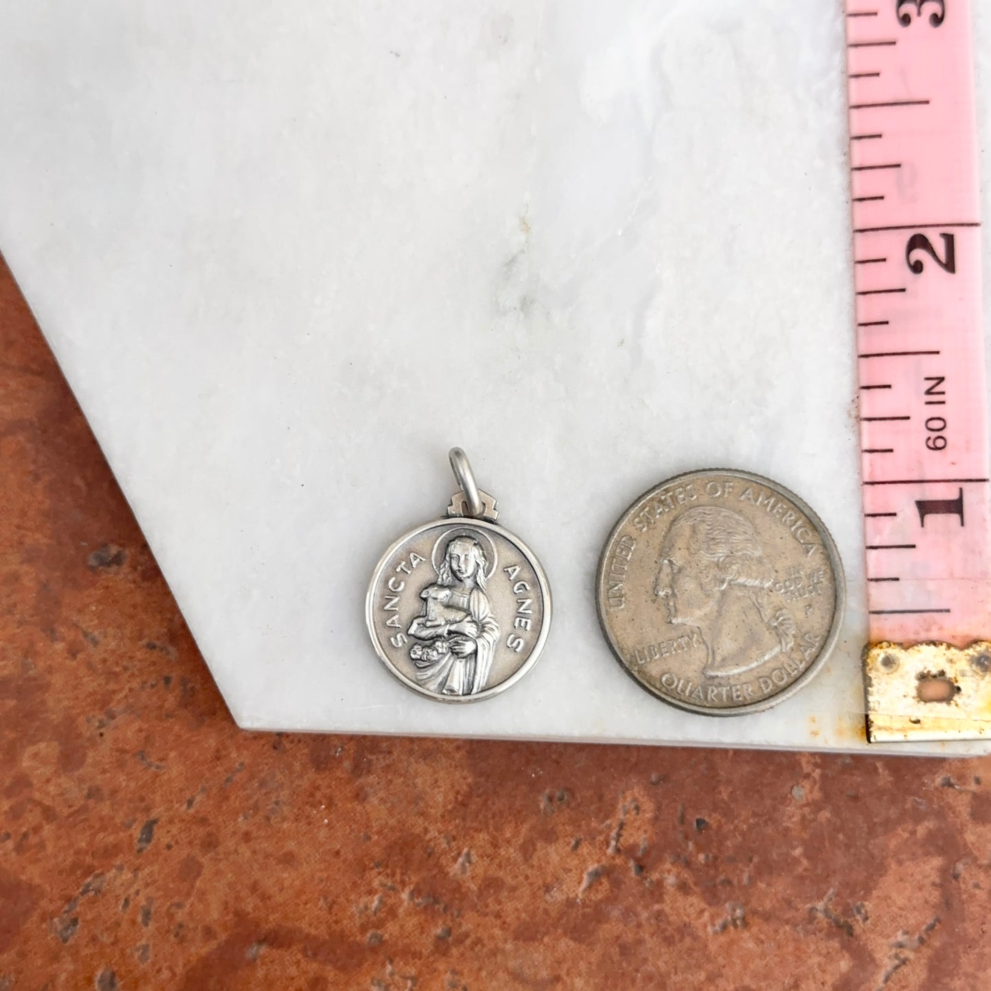 Sterling Silver Antiqued St Agnes of Rome Round Medal Pendant 18mm