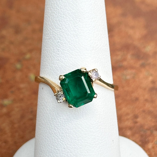 Estate 10KT Yellow Gold Sideways Lab Emerald-Cut Emerald + Diamond Ring