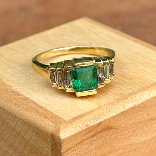 Estate 14KT Yellow Gold Emerald-Cut Emerald + Baguette Diamond Ring