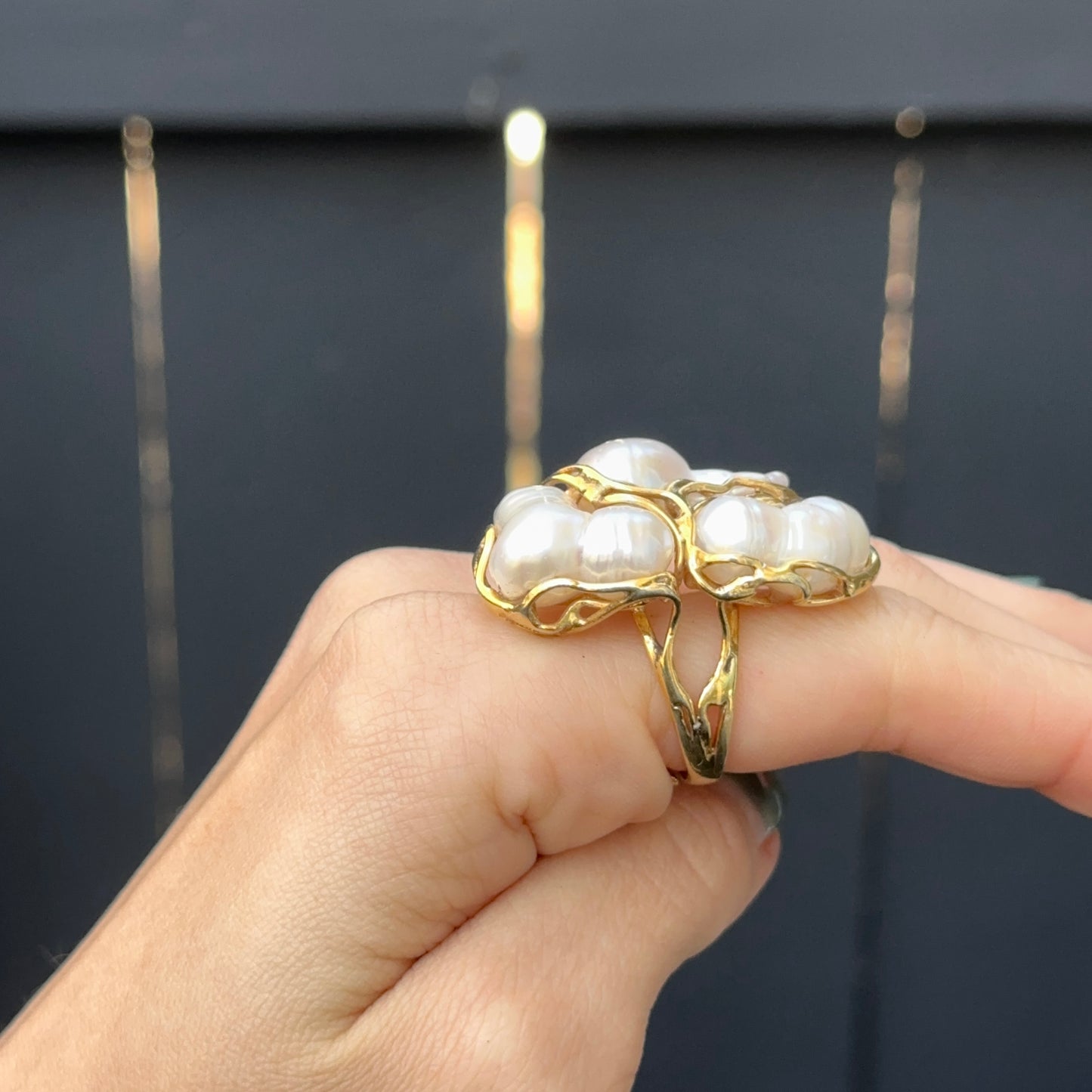 Yellow Gold-Plated Three Large White Freshwater Pearl Ring Size 8