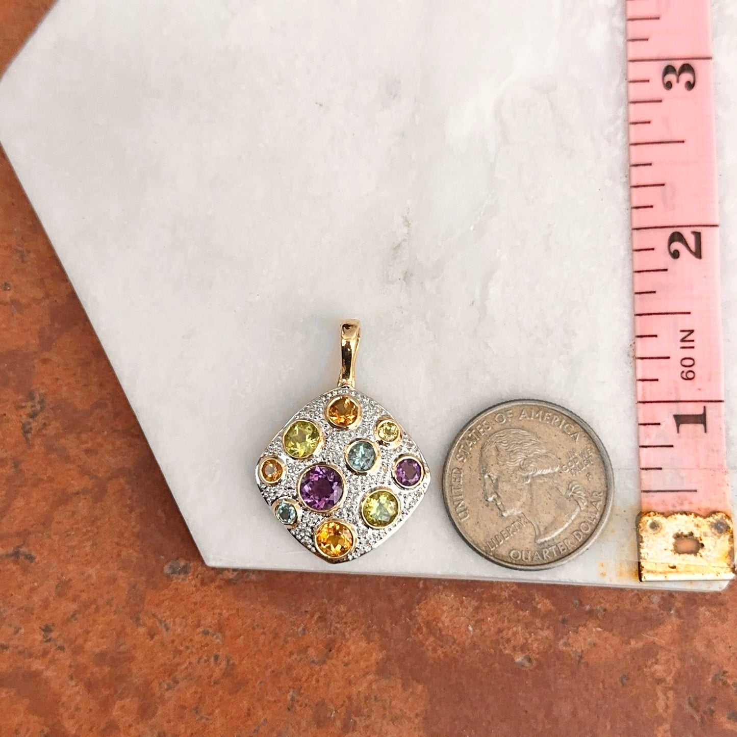 Estate 14KT Yellow + White Gold Round Citrine Amethyst Blue Topaz Textured Pendant Enhancer