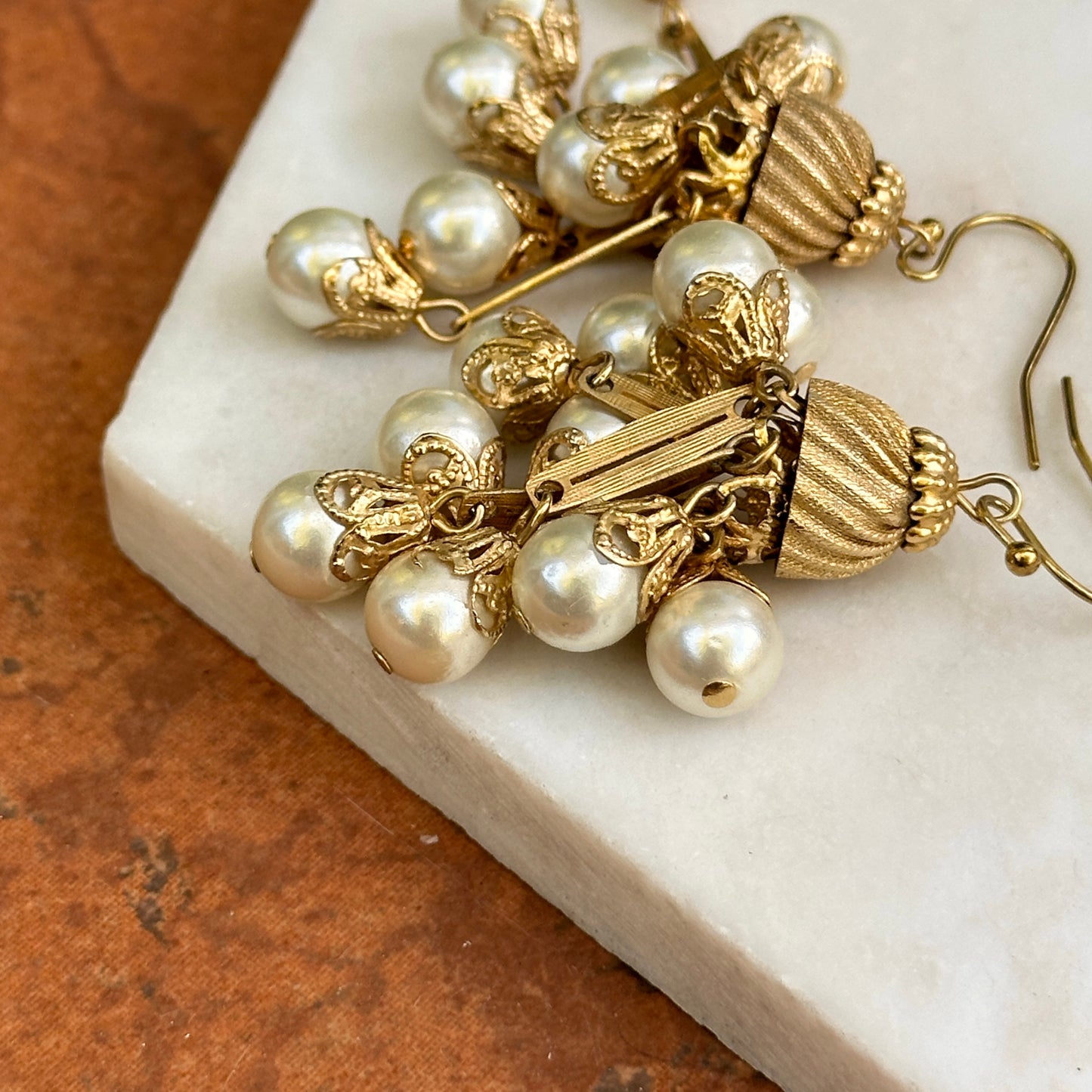 Estate Yellow Gold-Plated Round Pearl Bead Chandelier Dangle Drop Earrings