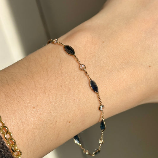 Estate 14KT Yellow Gold Bezel-Set Blue and White Sapphire Station Bracelet