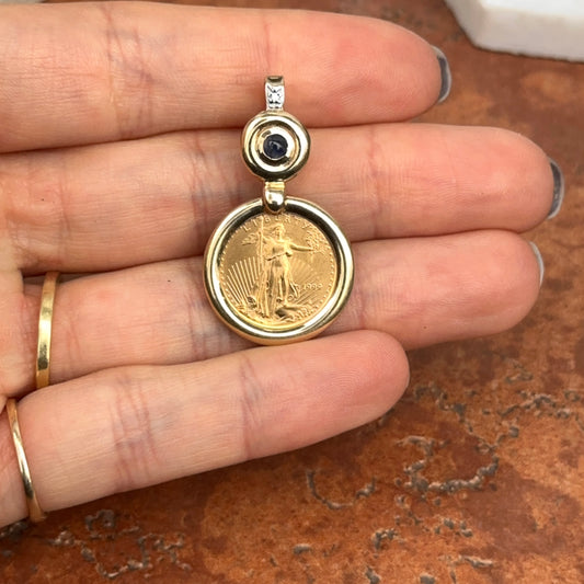 Estate 14KT Yellow Gold American Liberty Coin + Sapphire Pendant