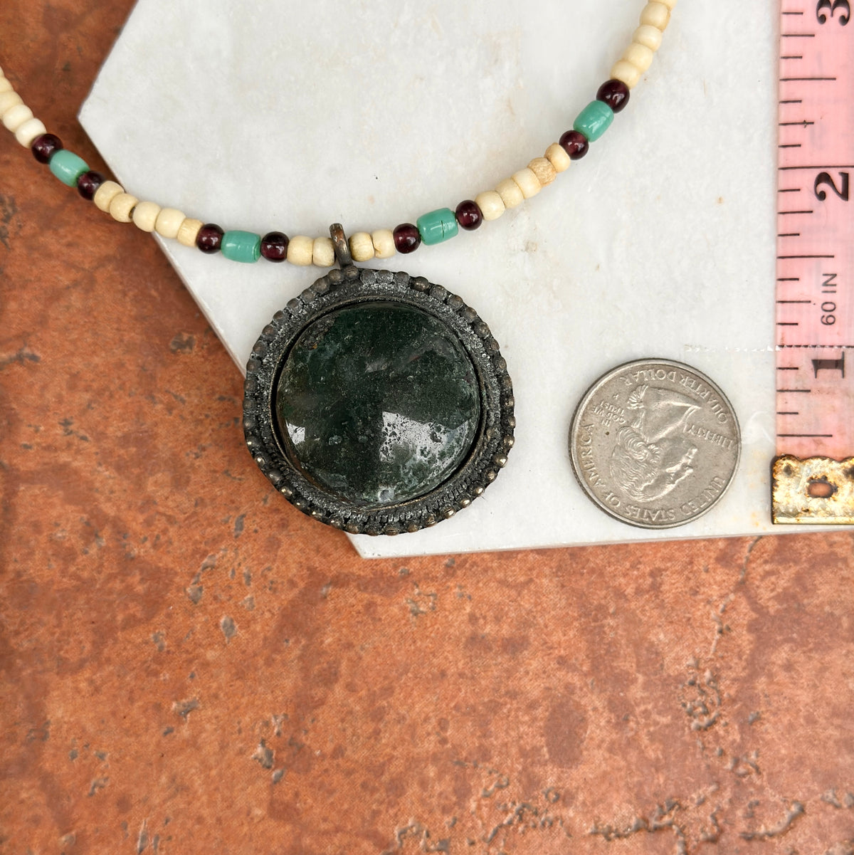 Estate Silver-Tone Beaded Collar + Moss Agate Pendant Necklace