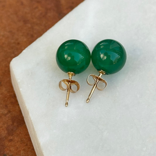 Estate 14KT Yellow Gold Green Chalcedony Onyx Ball Earrings