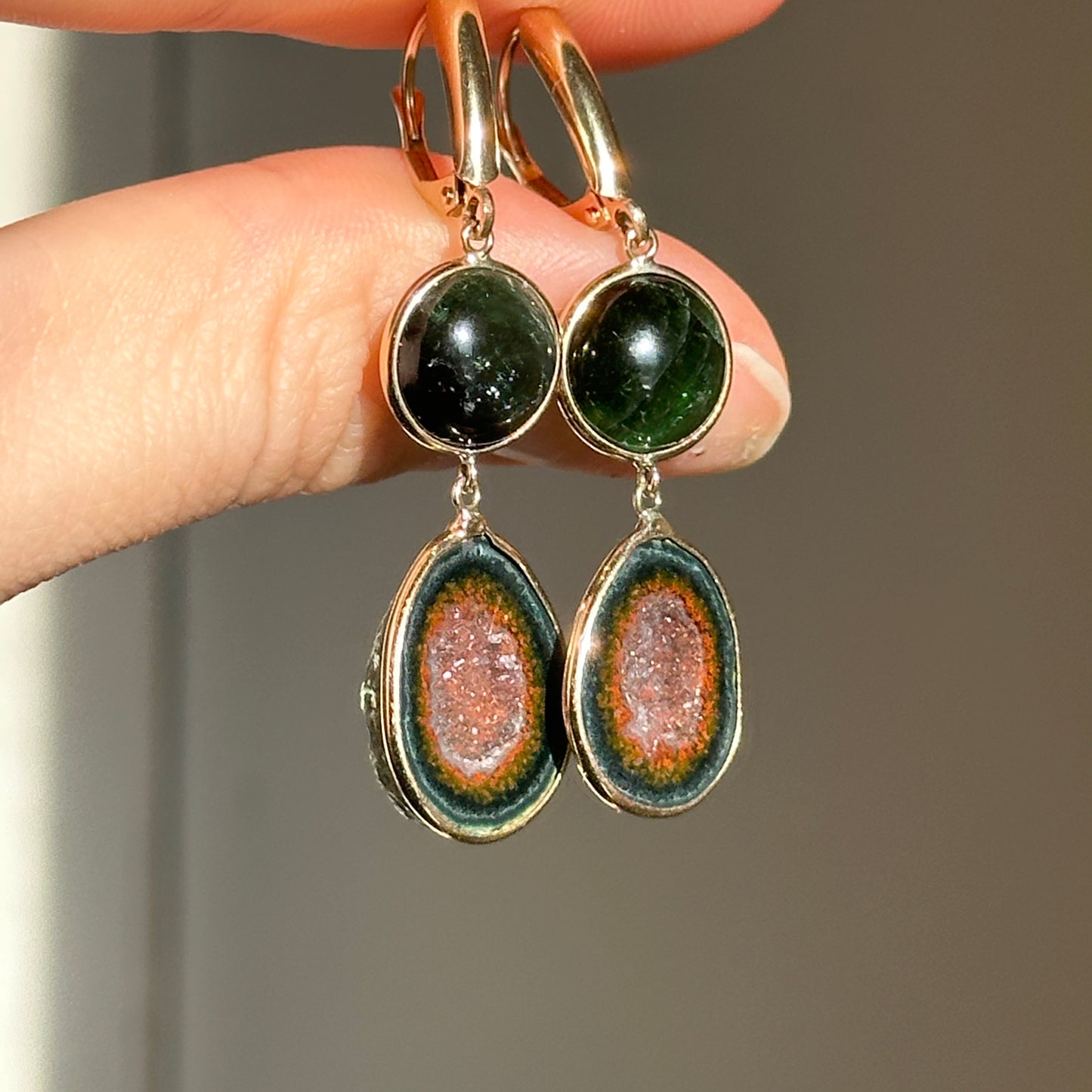 14KT Yellow Gold Tourmaline and Geode Dangle Earrings