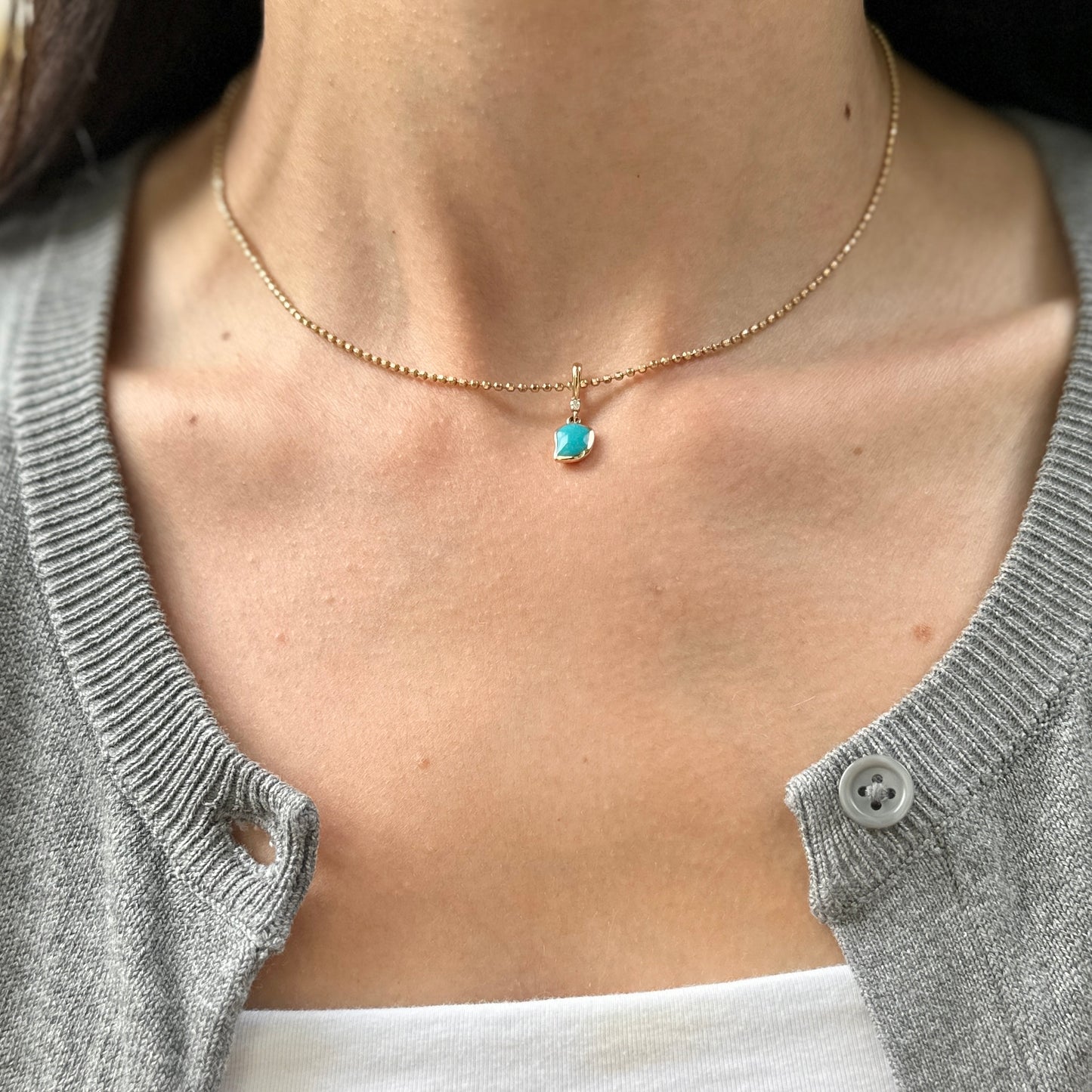 14KT Yellow Gold Unique Shape Turquoise + Round Diamond Small Pendant