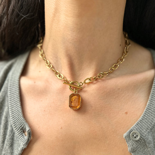 Vintage Gold Tone Necklace + Ancient Replica Cameo Citrine Venetian Glass Necklace