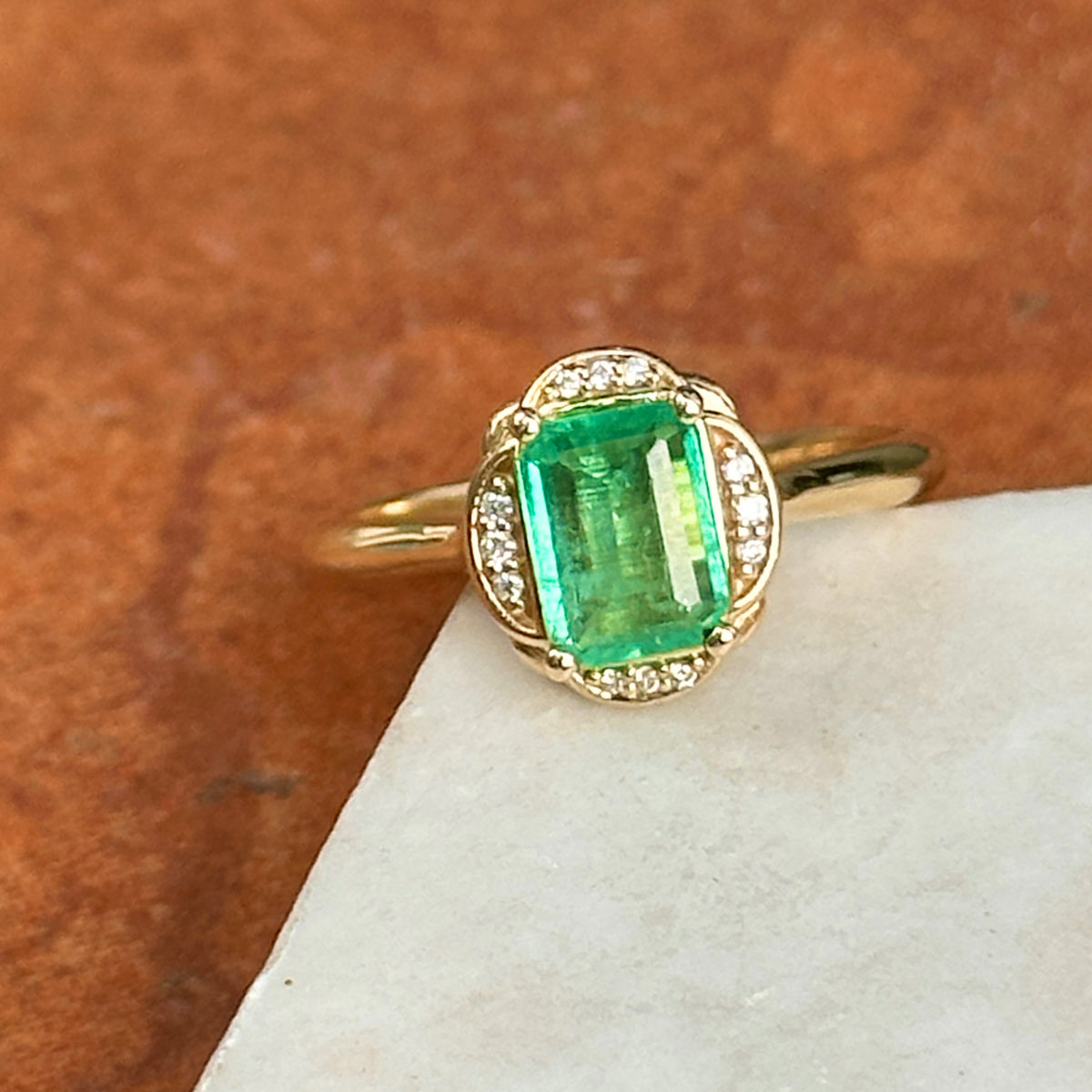 14KT Yellow Gold .74 CT Emerald-Cut Emerald + Diamond Ring
