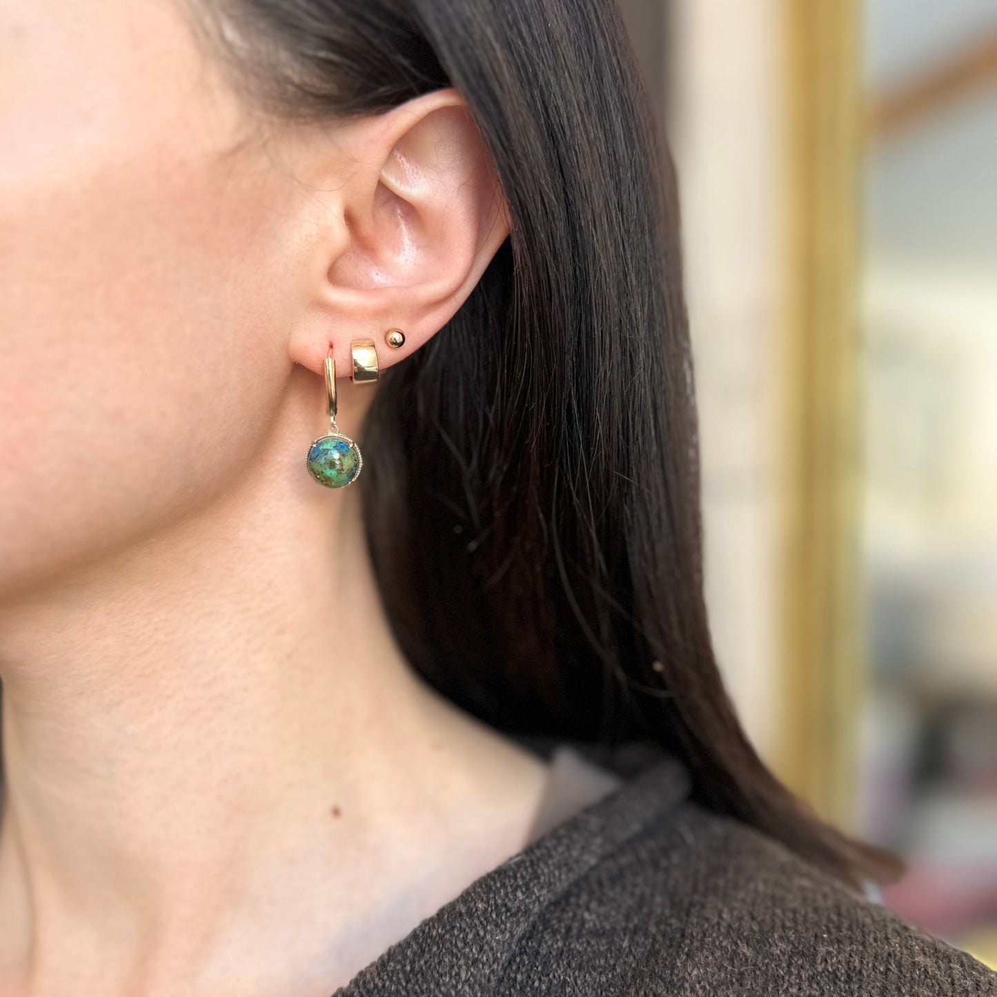 10KT Yellow Gold Azurite Cabochon Earrings