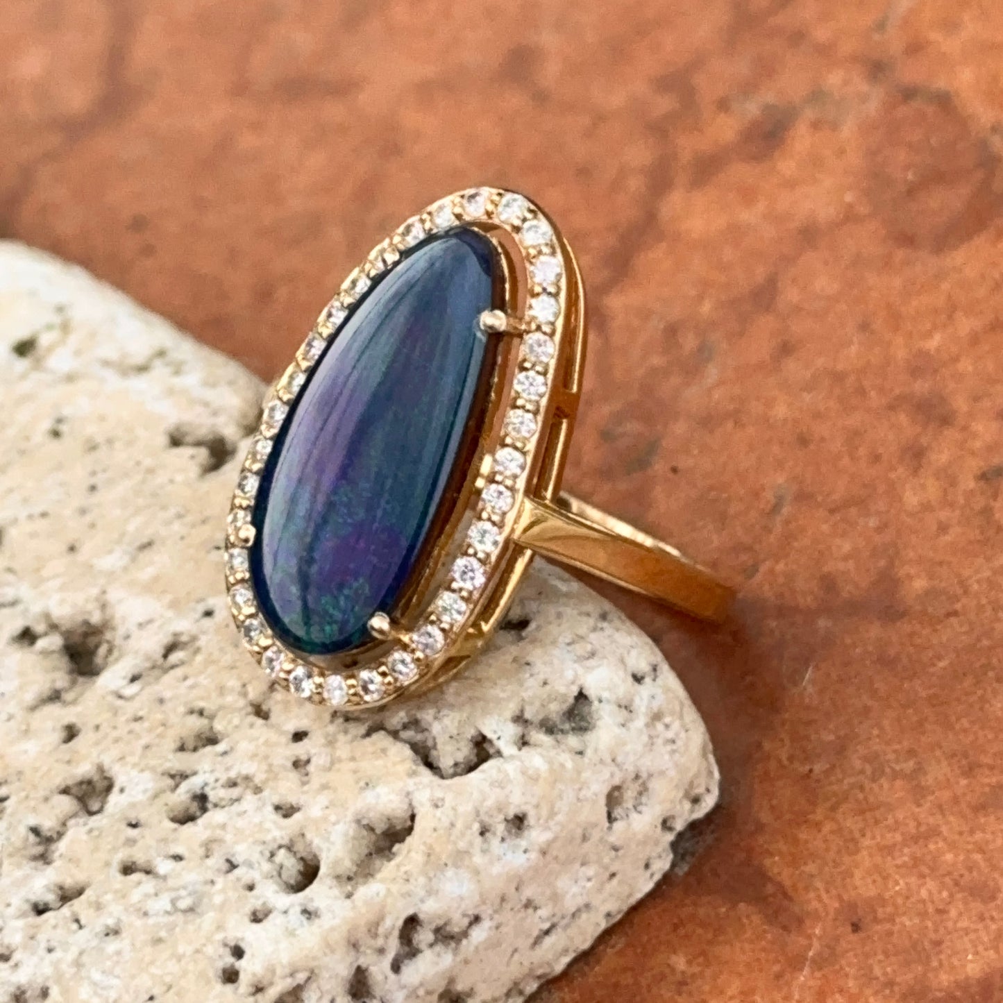 14KT Yellow Gold Boulder Opal Diamond Halo Ring