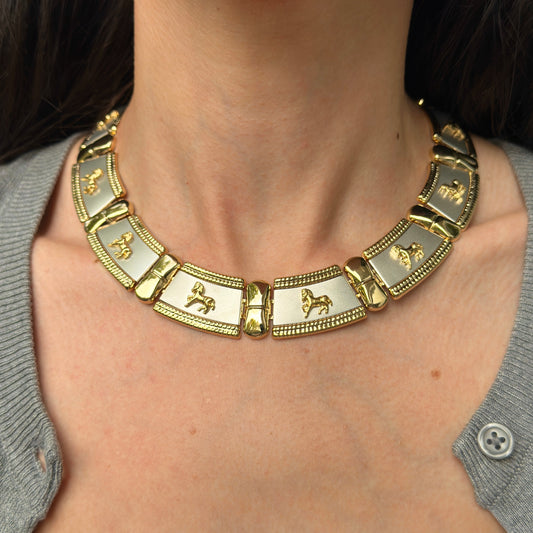 Vintage Gold + Silver Tone Byzantine Horse Segmented Link Collar Necklace 18''
