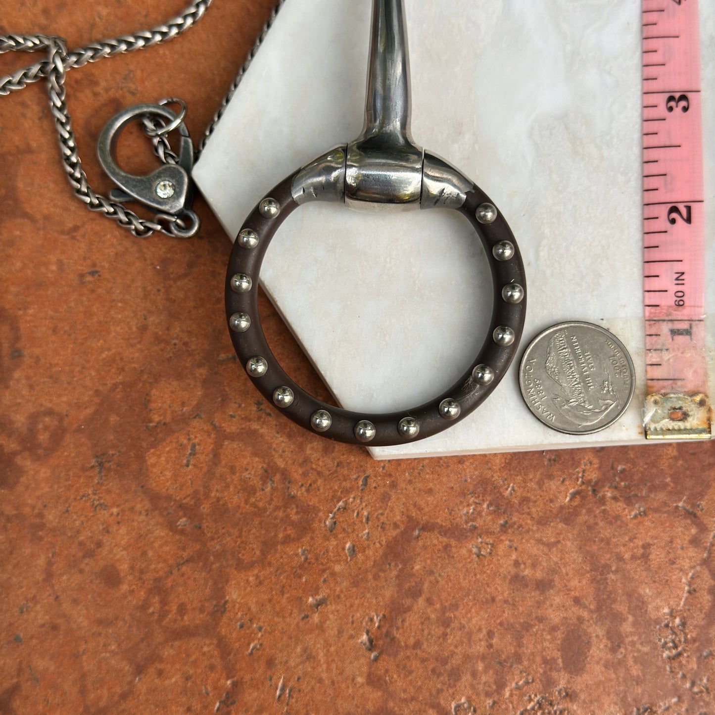 Silver Studded Large Horse Bit + Wheat Chain Necklace 18''