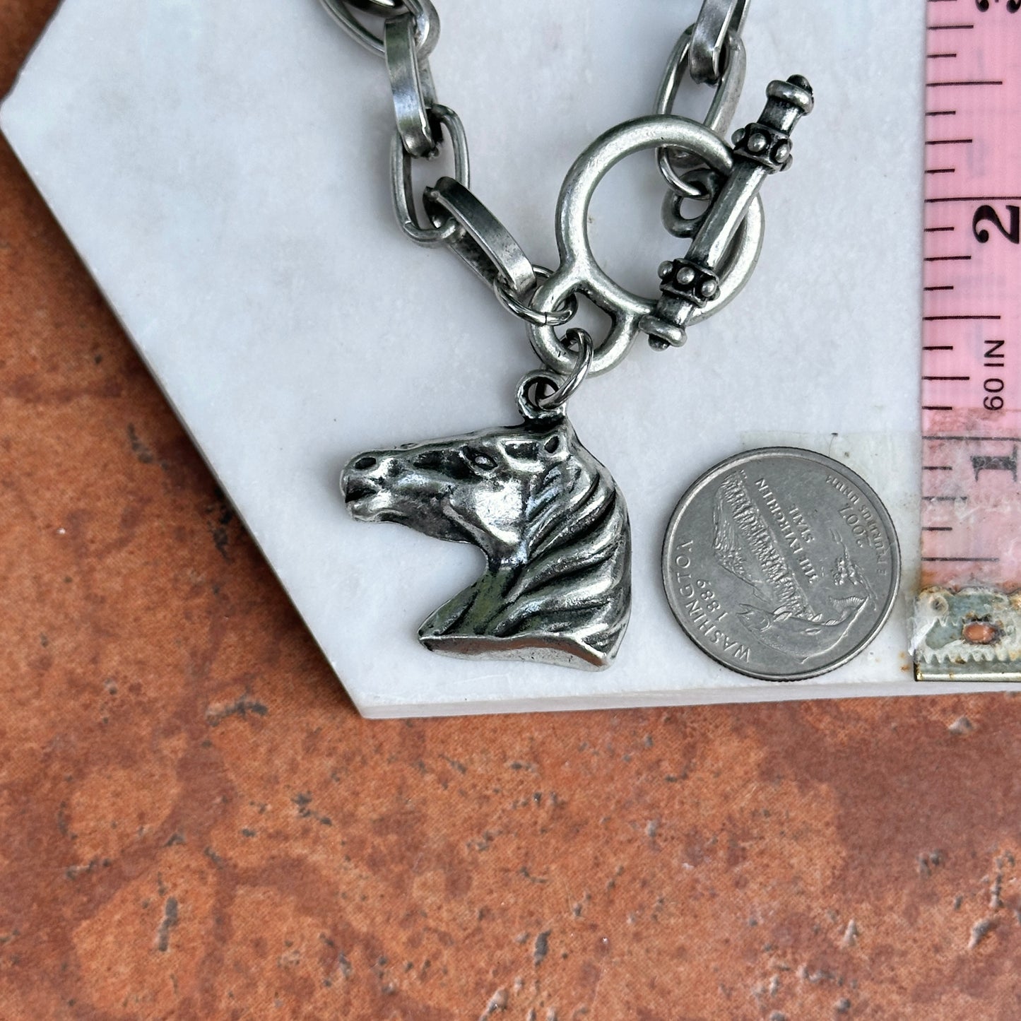 Silver Horse Head Dangle Oval Link Bracelet + Toggle Clasp 8''