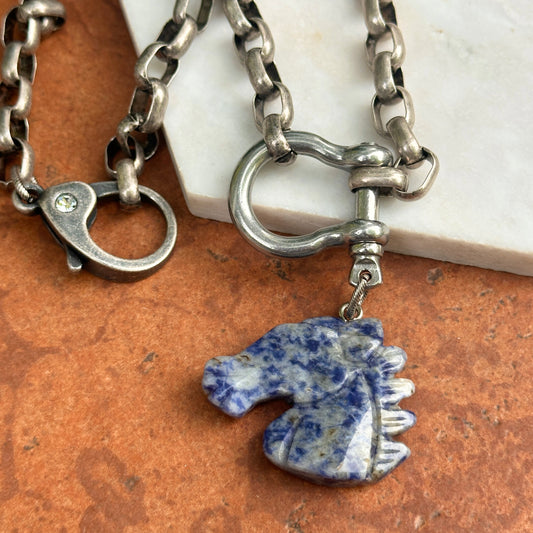 Silver Large Cut Lapis Horse Head Shackle Large Link Cable Necklace 18''