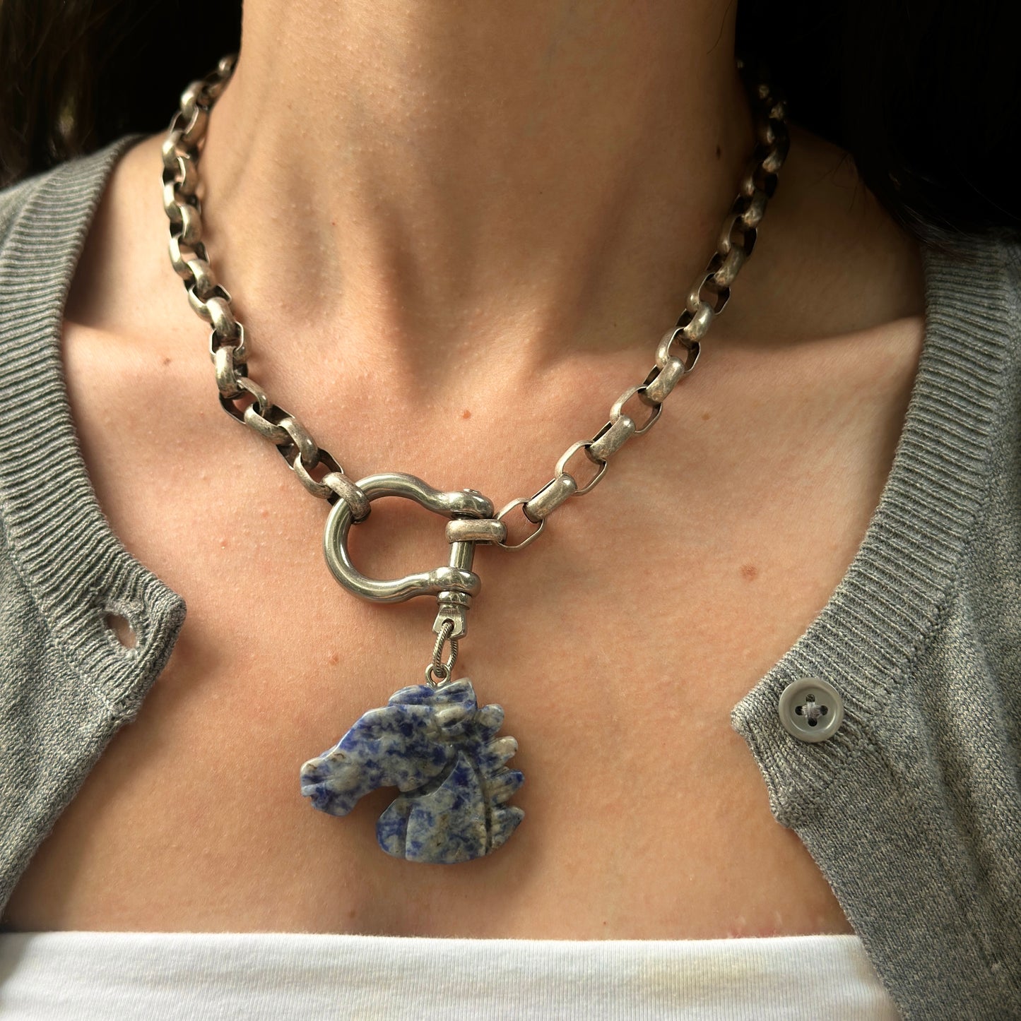 Silver Large Cut Lapis Horse Head Shackle Large Link Cable Necklace 18''