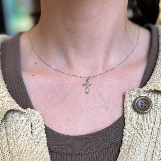 14KT White Gold Small Ribbon Cross Pendant Charm