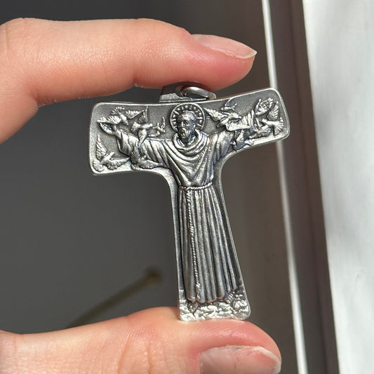Sterling Silver Antiqued St Francis Cross Pendant