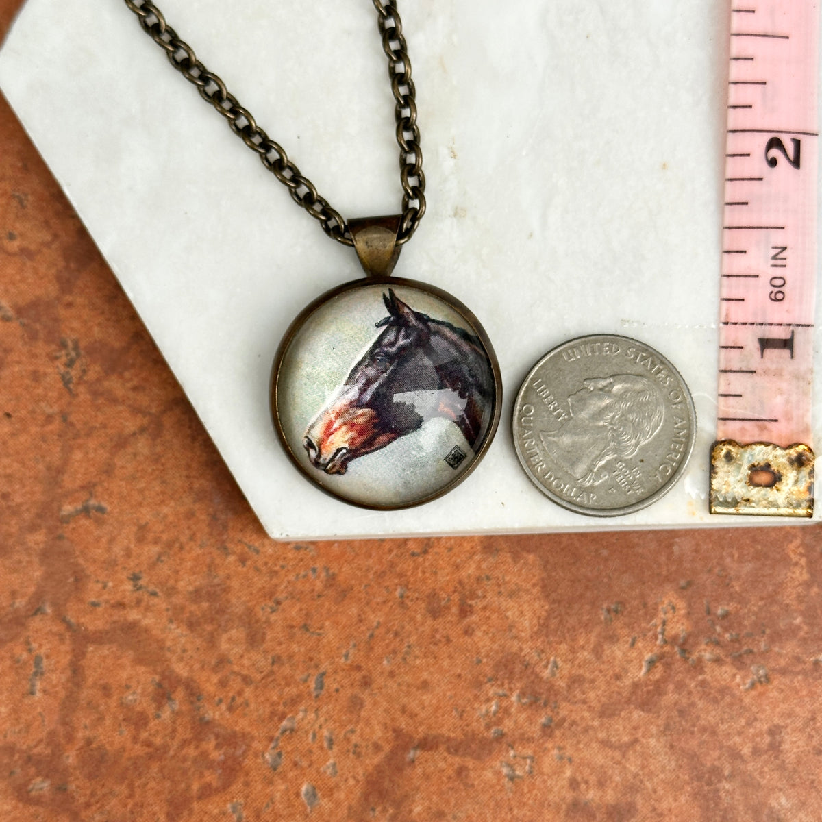 Estate Bronze Painted Horse Pendant Necklace 19.5"