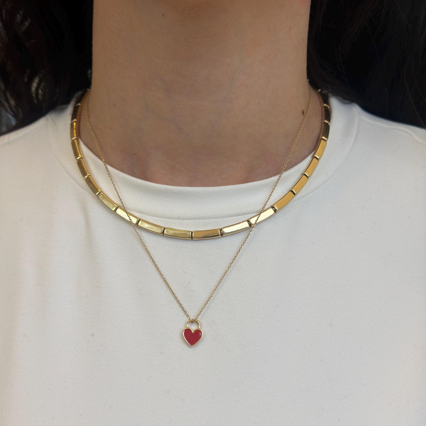 14KT Yellow Gold Red Enamel Flat Mini Heart Pendant