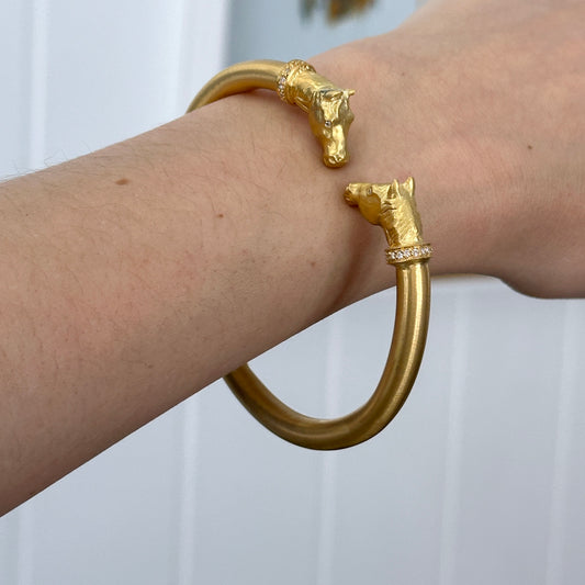 Estate 14KT Yellow Gold Diamond Horse Head Cuff Bracelet