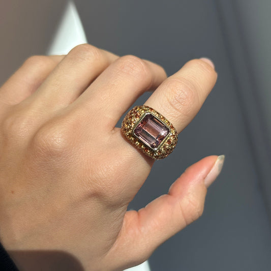 Estate 18KT Yellow Gold Emerald-Cut Tourmaline + Pave Gemstone Ring