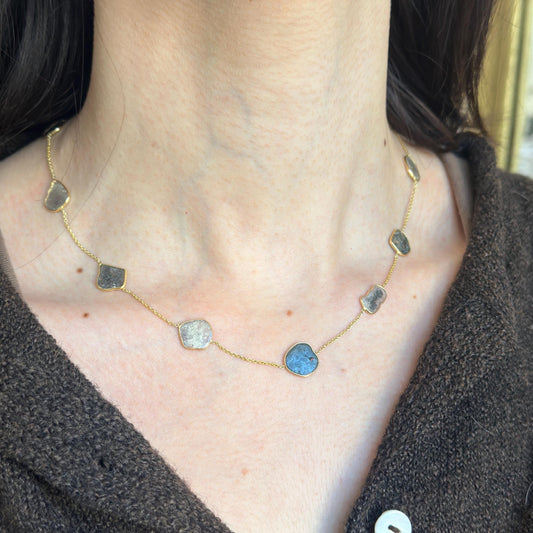 14KT Yellow Gold Multi Color Diamond Slice Station Necklace