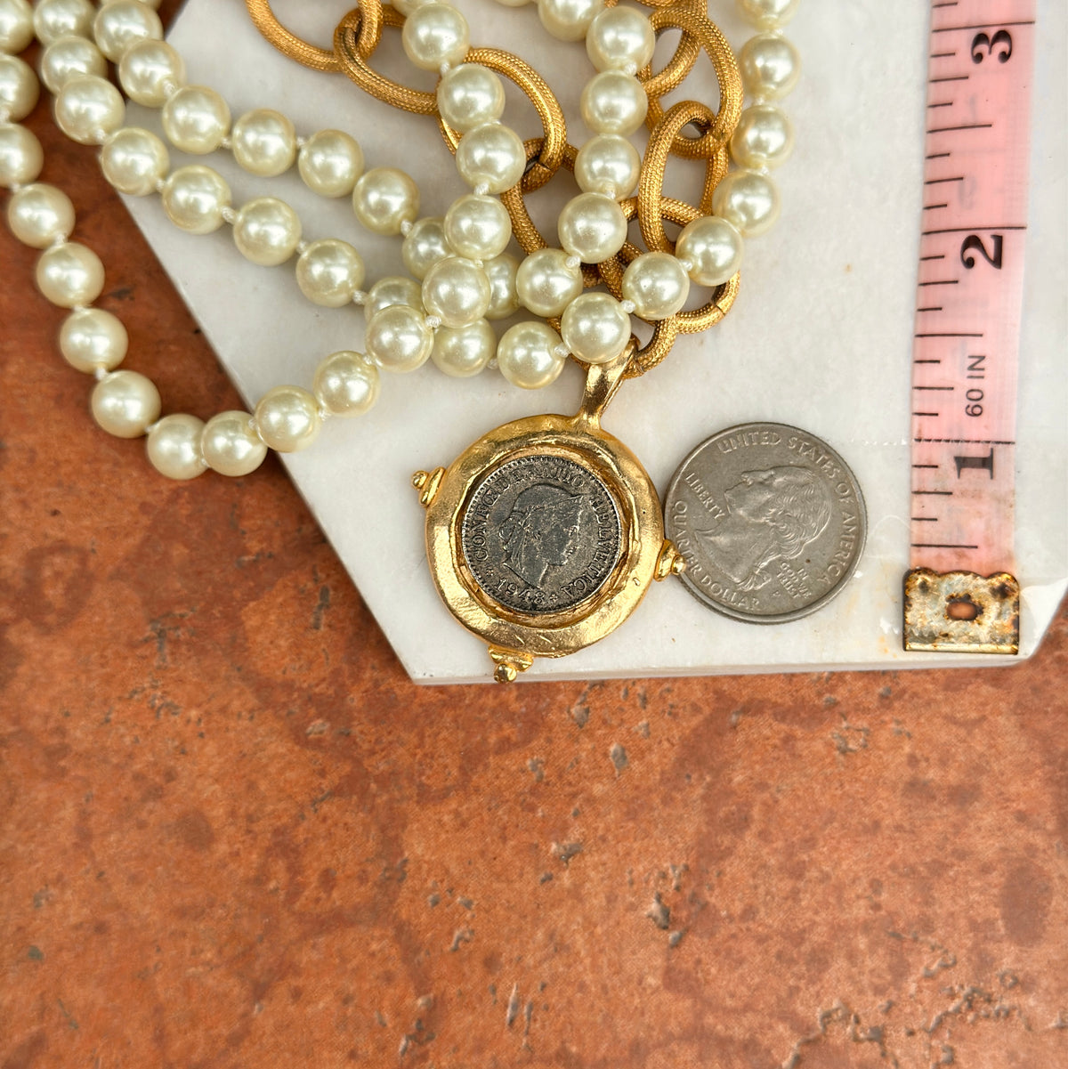 Estate Gold-Tone Faux Pearl + Coin 4-Strand Necklace