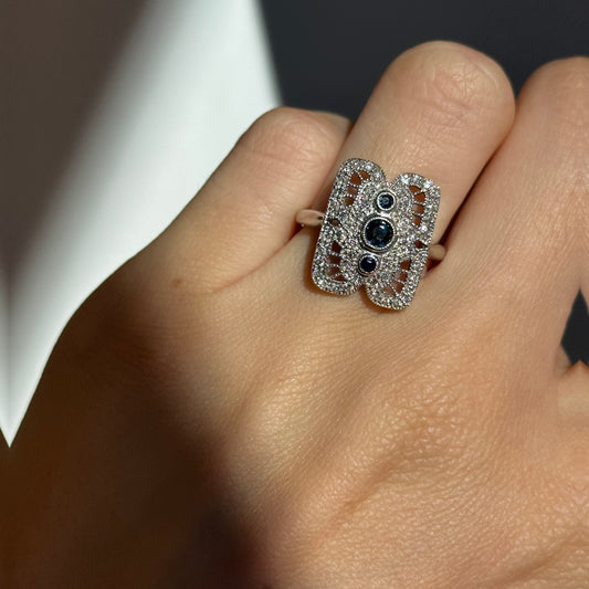 Estate 14KT White Gold Blue Sapphire + Diamond Filigree Ring