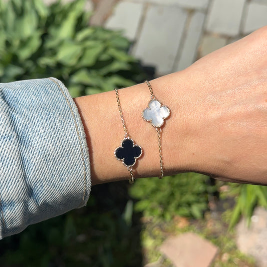 14KT Yellow Gold Beaded Mother of Pearl Clover Chain Bracelet