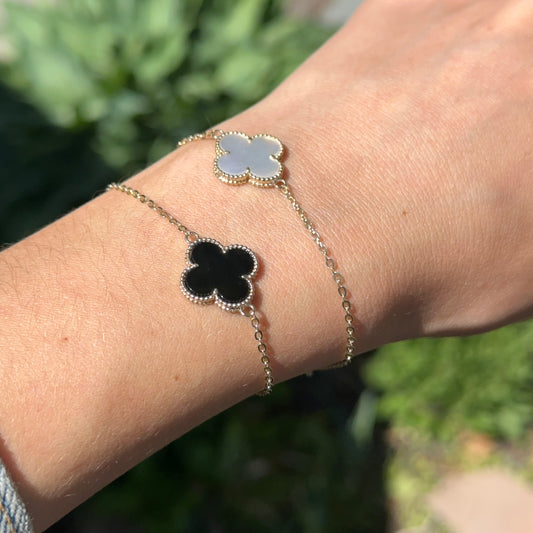 14KT Yellow Gold Beaded Black Onyx Clover Chain Bracelet