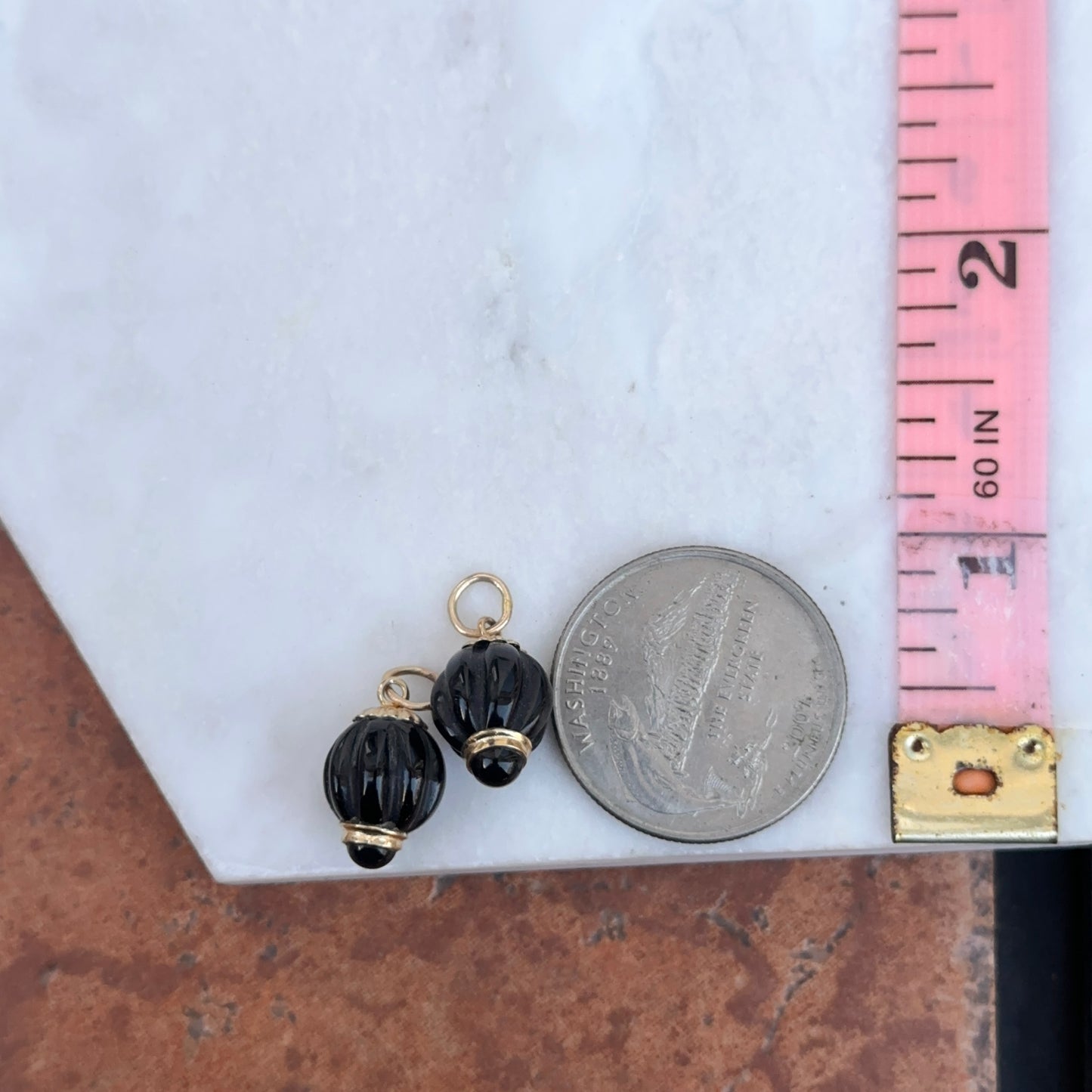 Estate 14KT Yellow Gold Fluted Black Onyx Ball Earring Charms