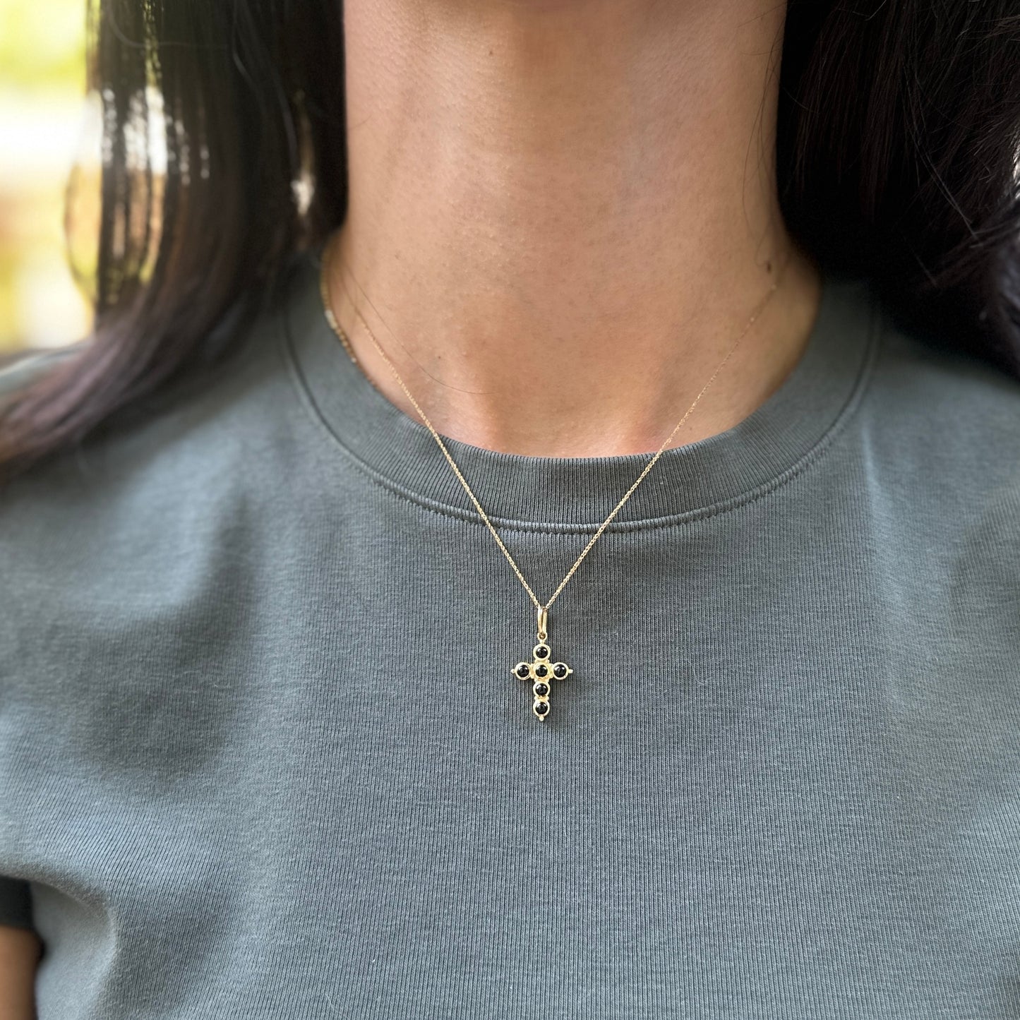 14KT Yellow Gold Black Onyx Cabochon Cross Pendant Charm 26mm