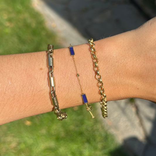 14KT Yellow Gold Blue Lapis Rectangle + Bead Station Chain Bracelet