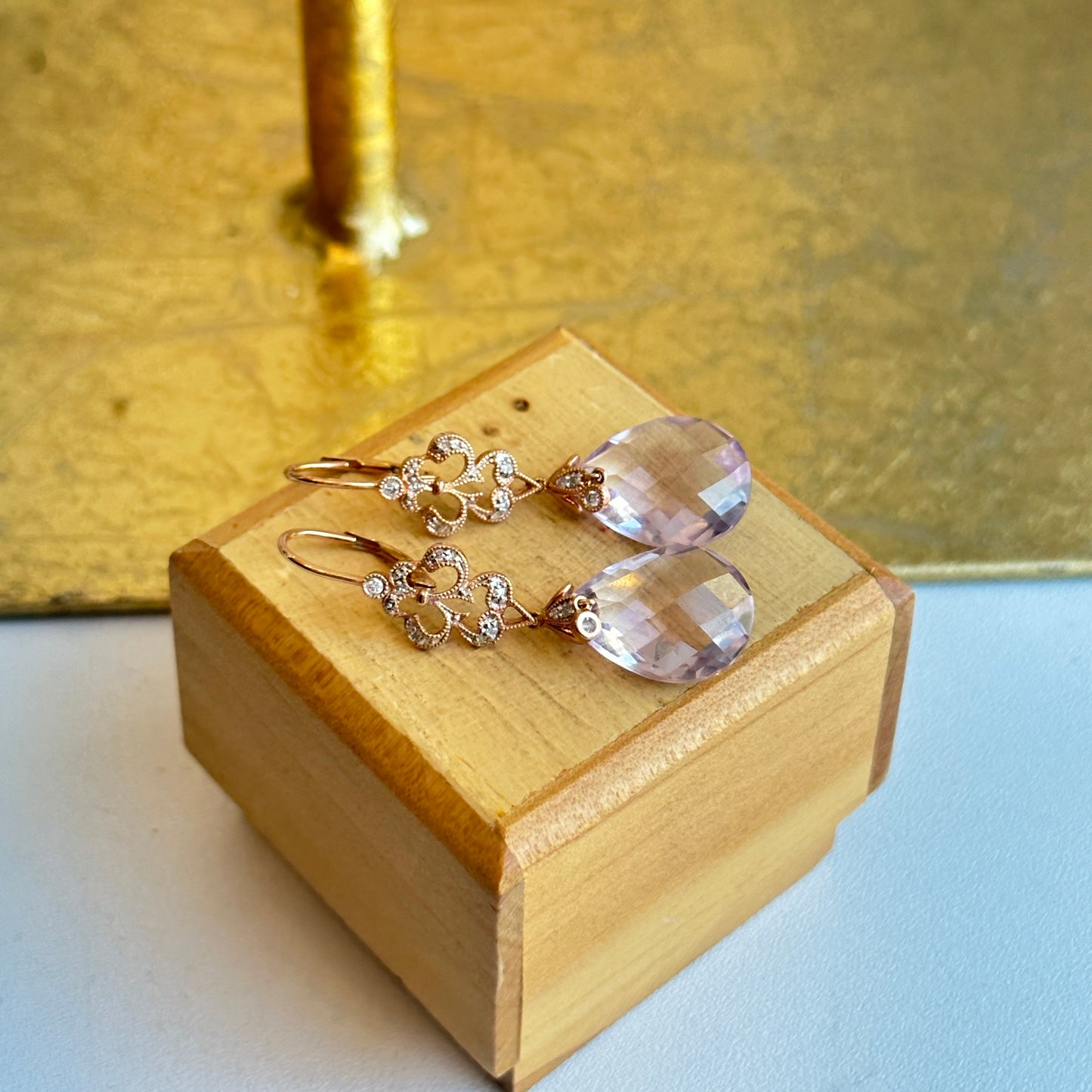 Estate 14KT Rose Gold Briolette Amethyst + Diamond Lever Back Earrings