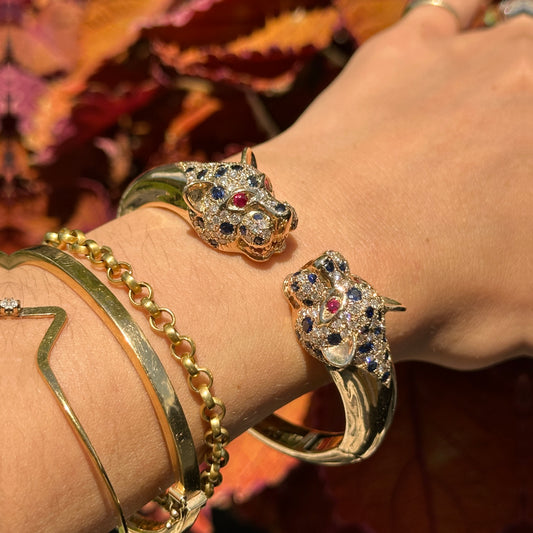 Estate 14KT Yellow Gold Pave Blue Sapphire, Diamond + Ruby Panther Cuff Bracelet