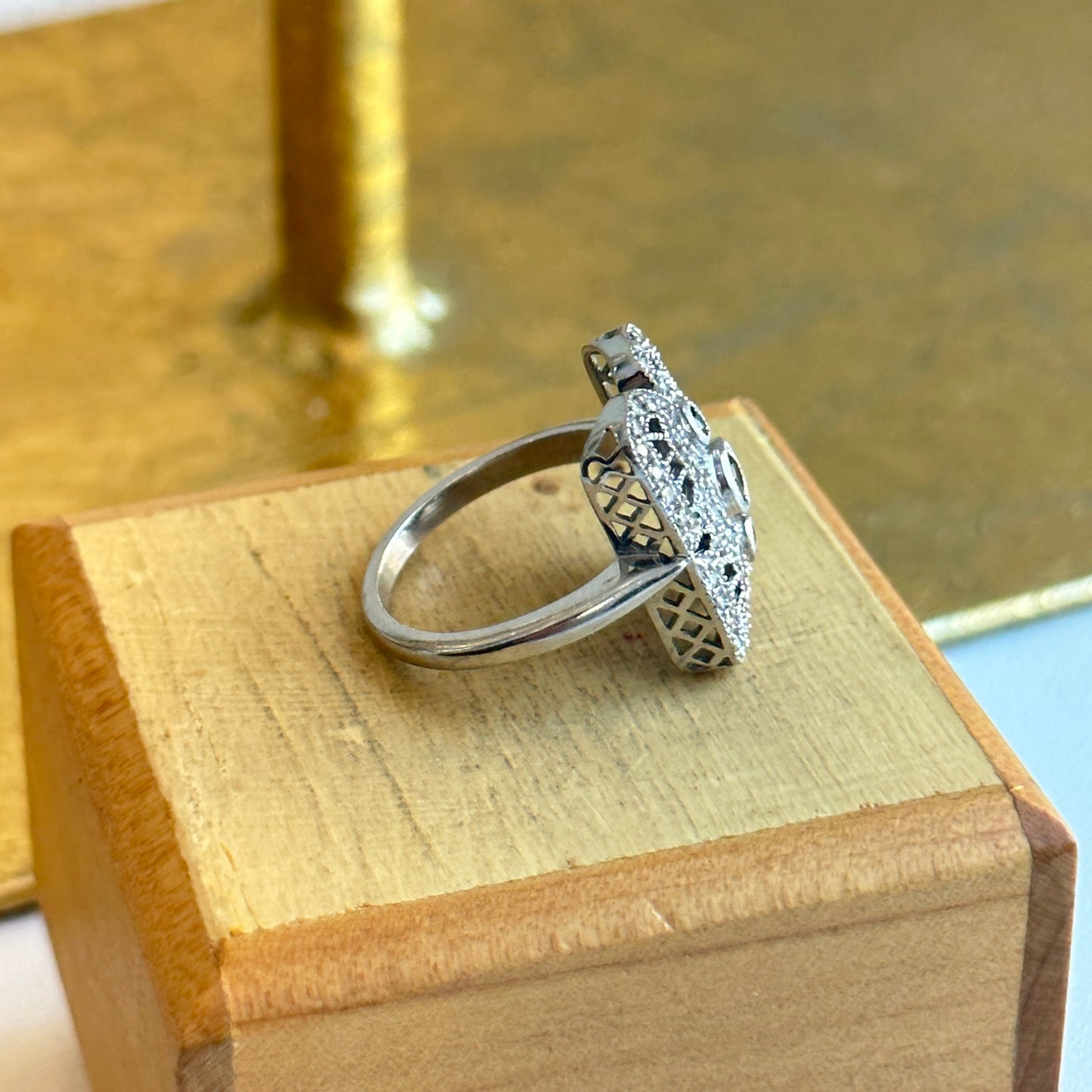 Estate 14KT White Gold Blue Sapphire + Diamond Filigree Ring