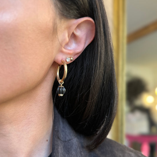 Estate 14KT Yellow Gold Fluted Black Onyx Ball Earring Charms