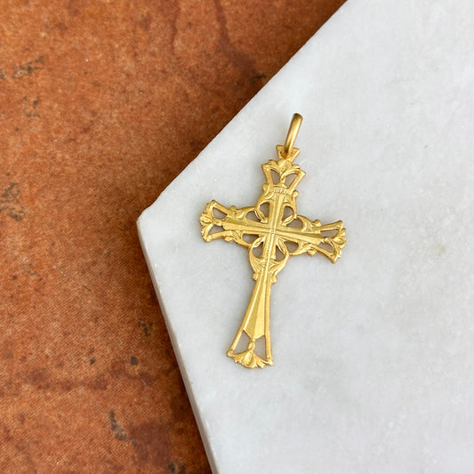 14KT Yellow Gold Matte Filigree INRI Solid Cross Pendant 34mm