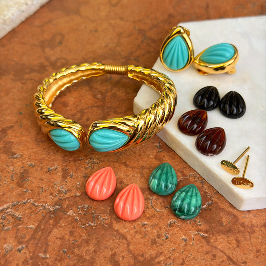 Estate Kenneth Jay Lane 5 Color Interchangeable Earring + Cuff Bracelet Set
