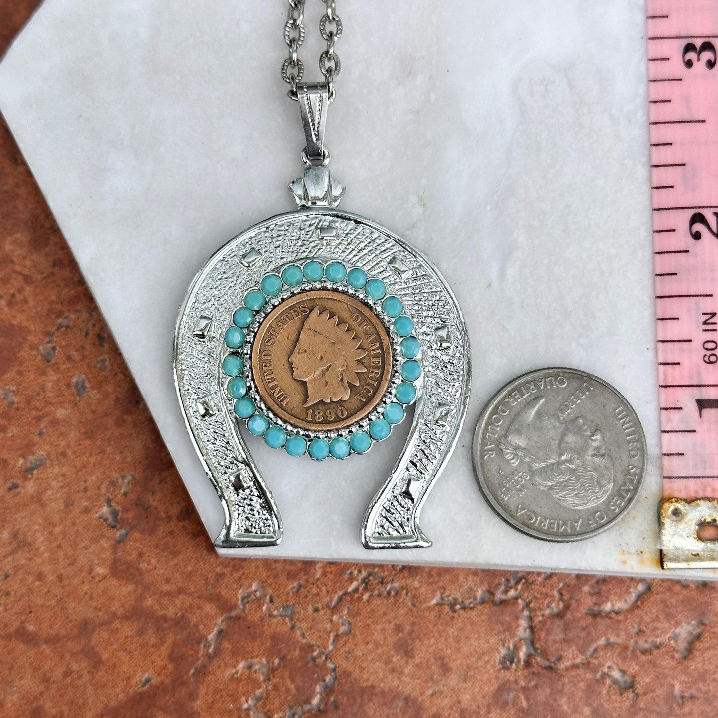 Estate Silver Tone Indian Head Coin "One Cent" Round Blue Horseshoe Necklace - LSJ