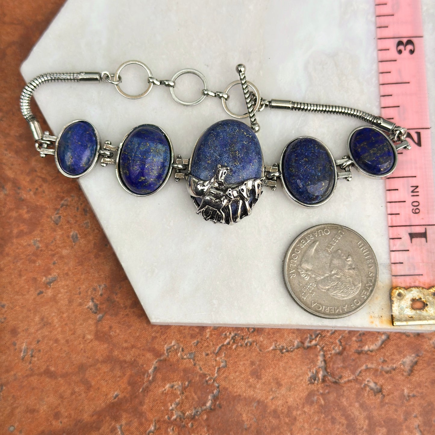 Estate Silver Horse + Oval Lapis Lazuli Stones Bracelet Toggle 7.25in