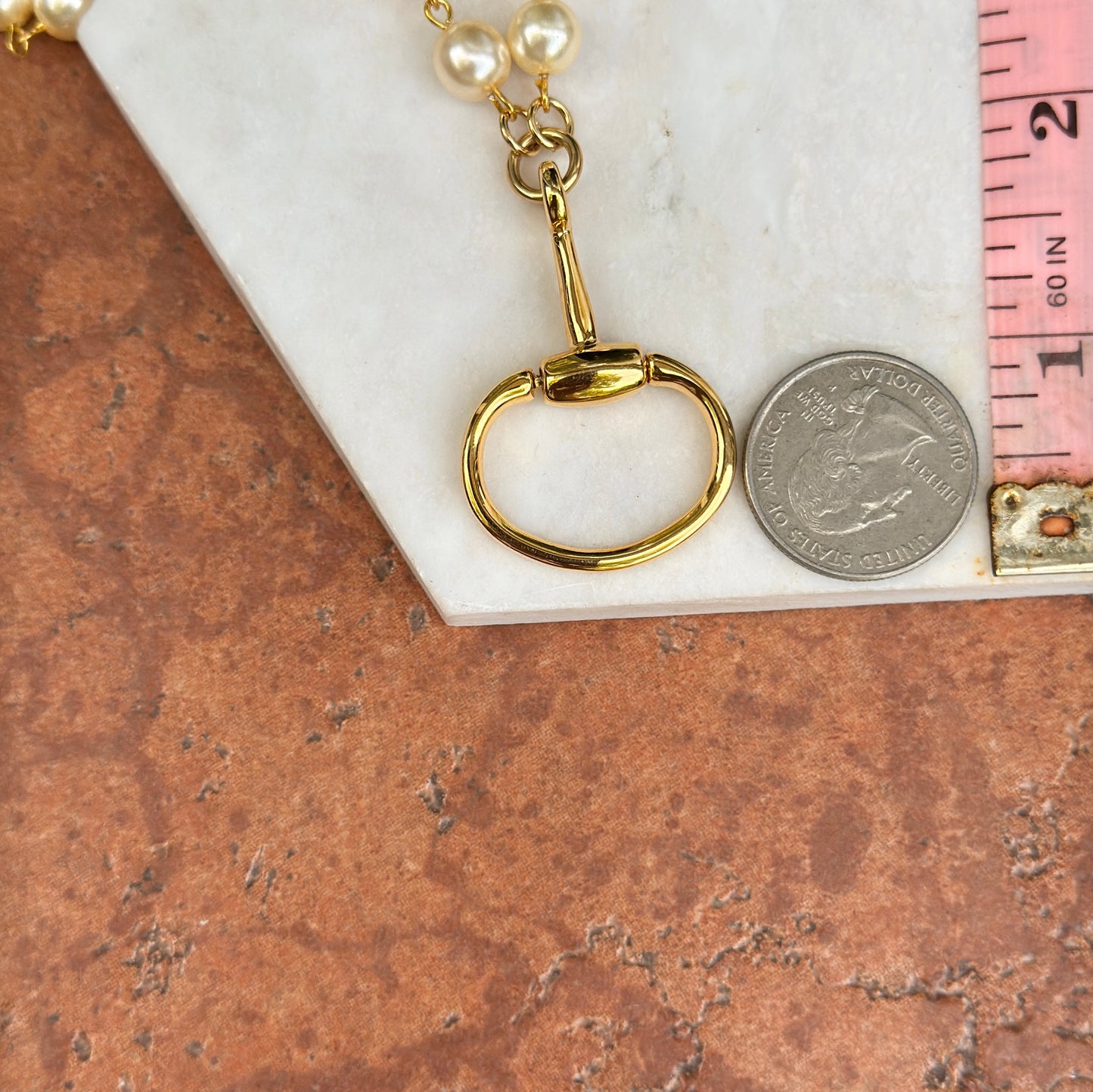 Yellow Gold-Plated Round Pearl Bead Link Horse Bit Dangle Necklace