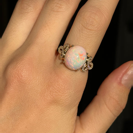 Estate 18KT Yellow Gold Cabochon Oval Opal + Diamond Ring