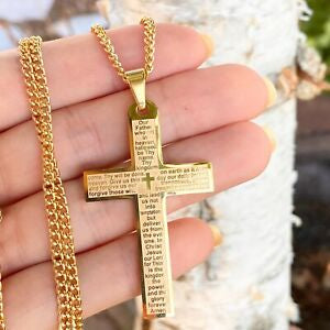 Gold Tone-Plated Stainless Steel The Lord's Prayer Large Cross Pendant Necklace